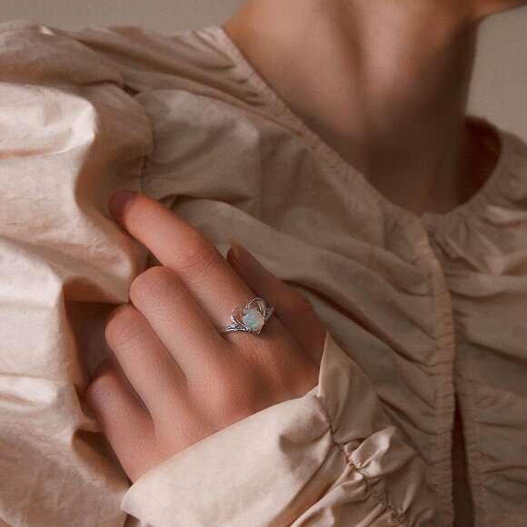 Silver Heart Opal Ring, Real Sterling Silver Stamped 925 Size 8 Ethical Lab Opal - Picture 3 of 9